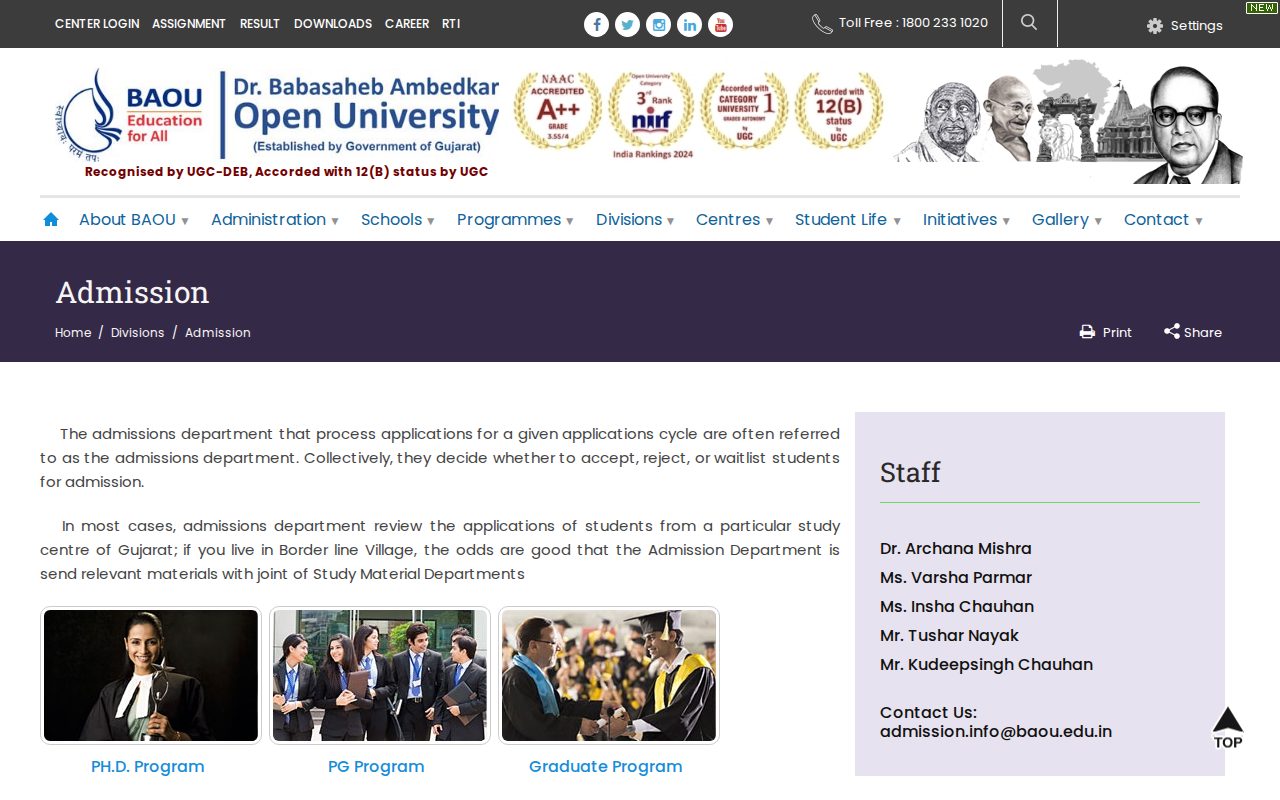 Official BAOU page on baou.edu.in: access BAOU online admission application portal
