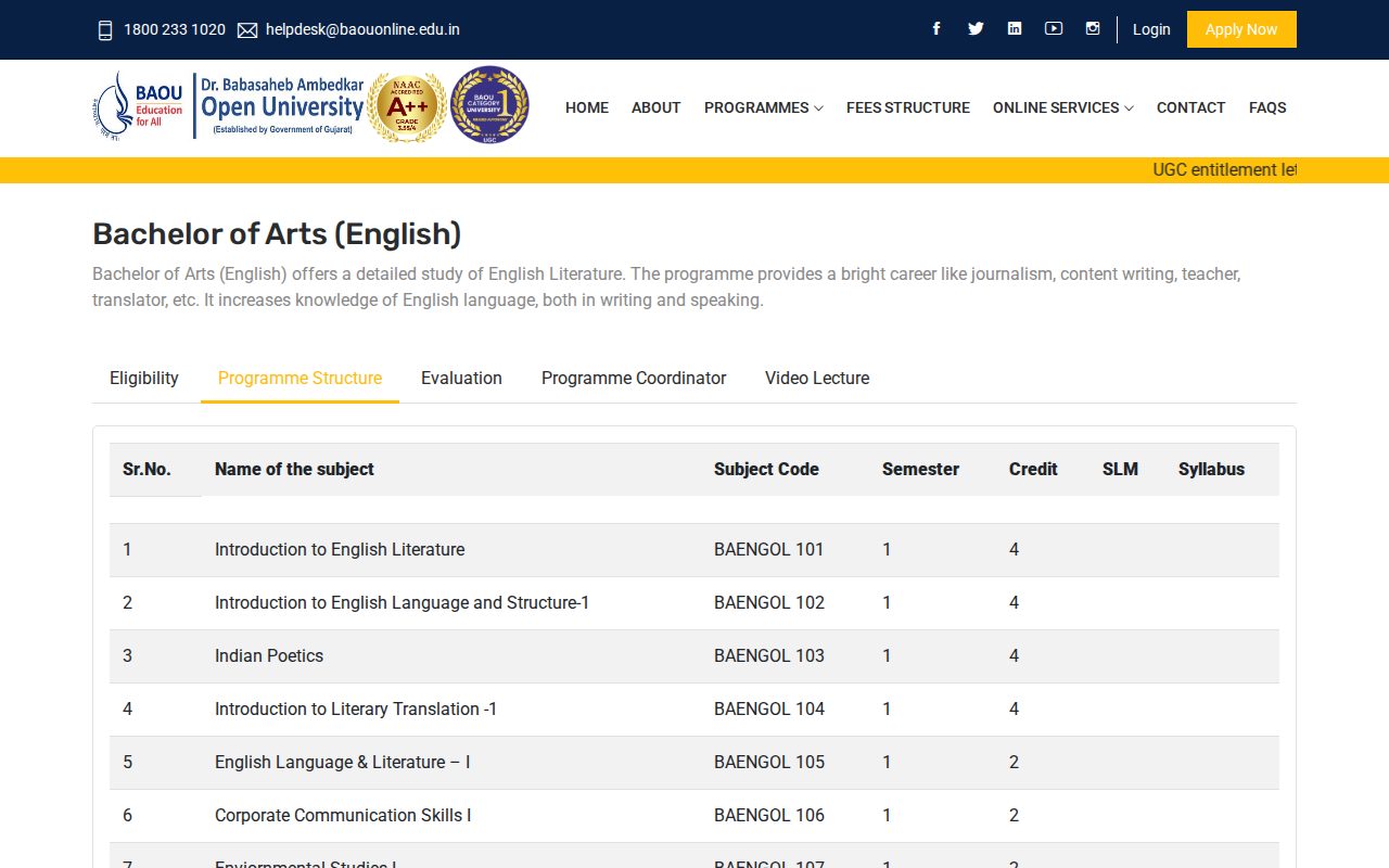 Official BAOU page on baouonline.edu.in: view Bachelor of Arts (English) programme details