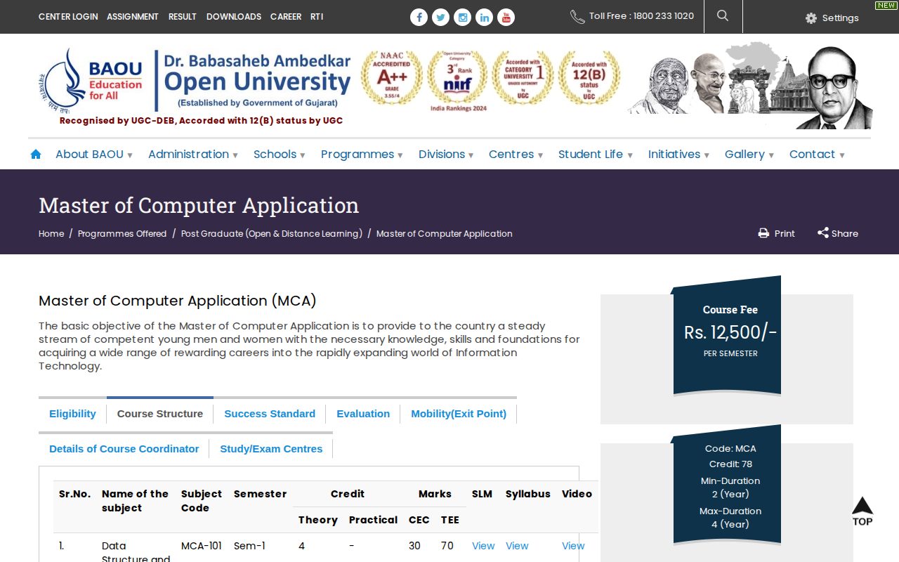 Official BAOU page on baou.edu.in: view ODL MCA programme overview