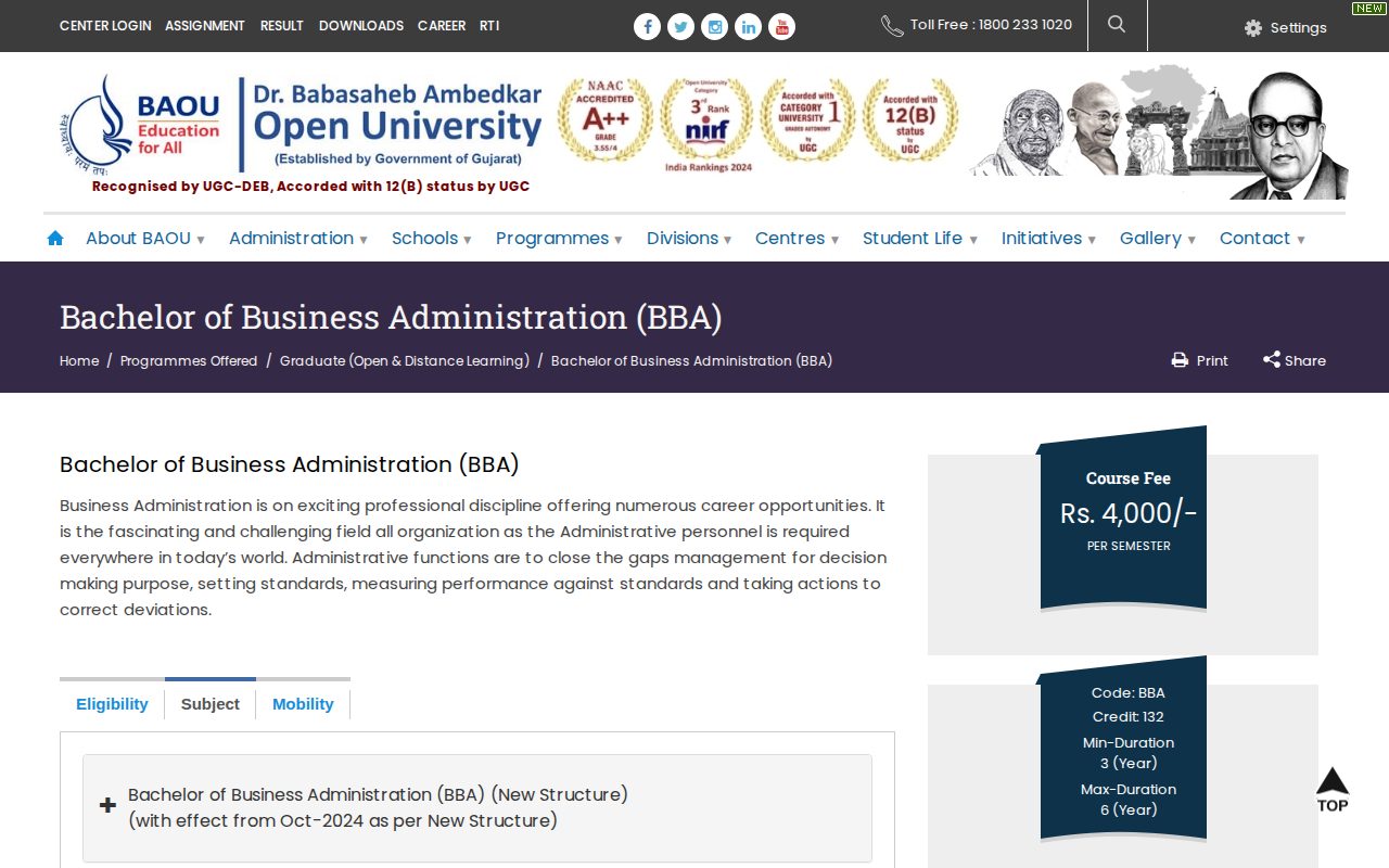 Official BAOU page on baou.edu.in: view BBA course structure and syllabus details