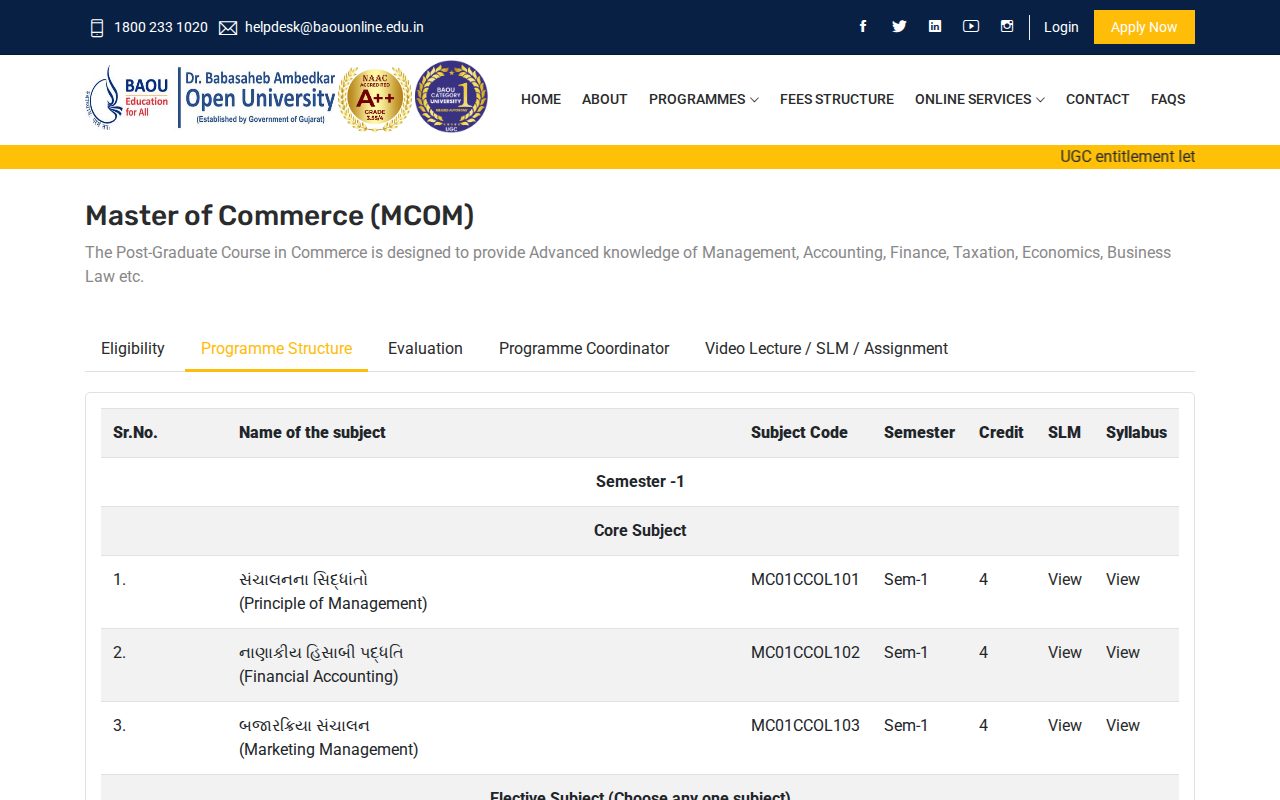 Official BAOU page on baouonline.edu.in: view Online M.Com course syllabus