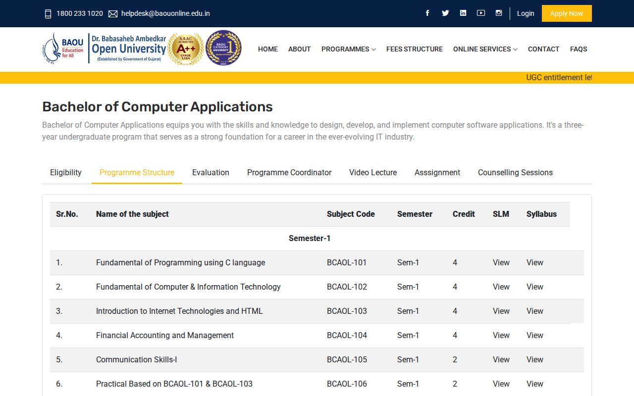 Official BAOU page on baouonline.edu.in: view online BCA program page