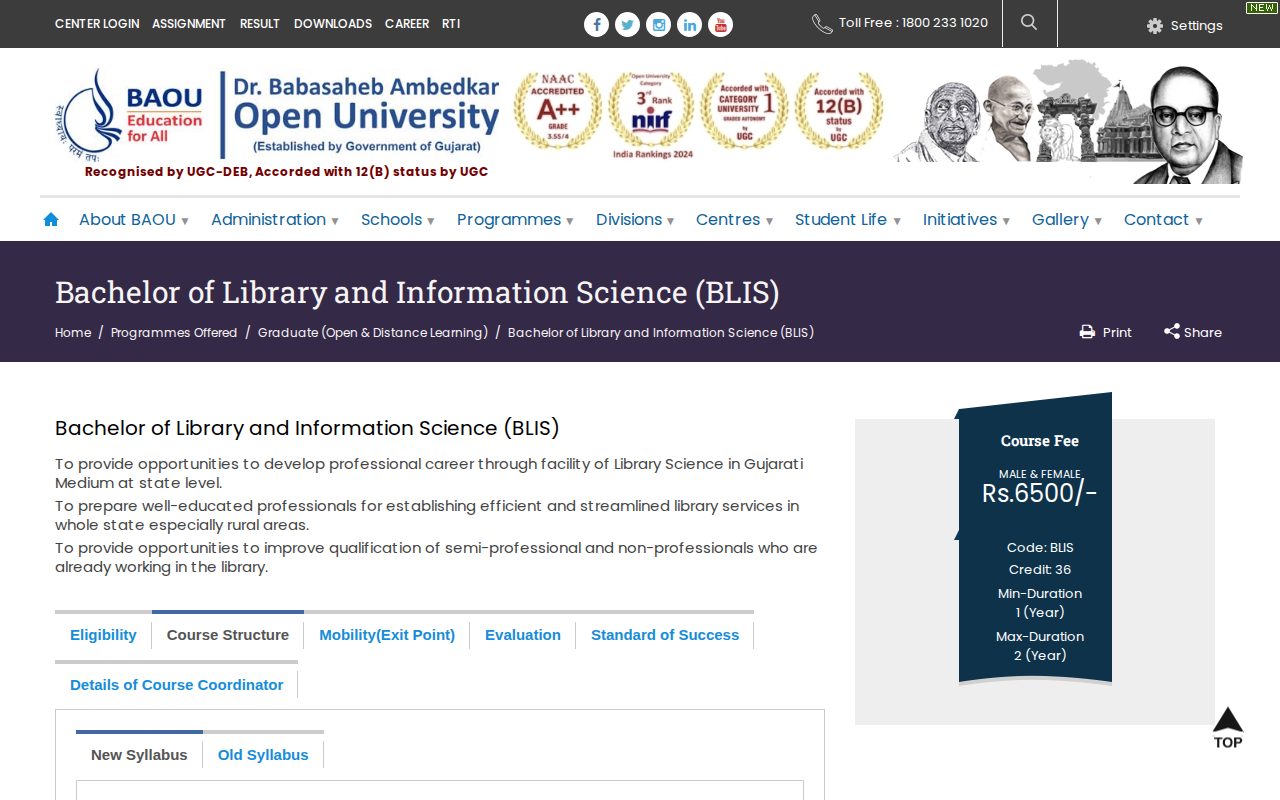 Official BAOU page on baou.edu.in: view official BAOU BLIS programme details