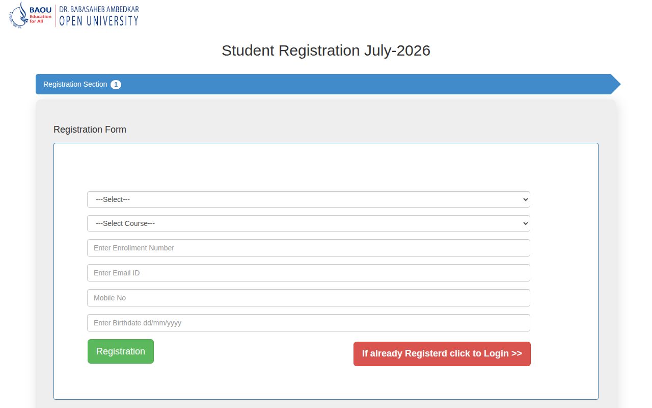 Official BAOU page on support.baou.edu.in: register for MBA course reassessment