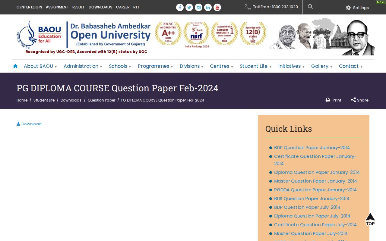 Official BAOU page on baou.edu.in: download February 2024 PG Diploma question papers