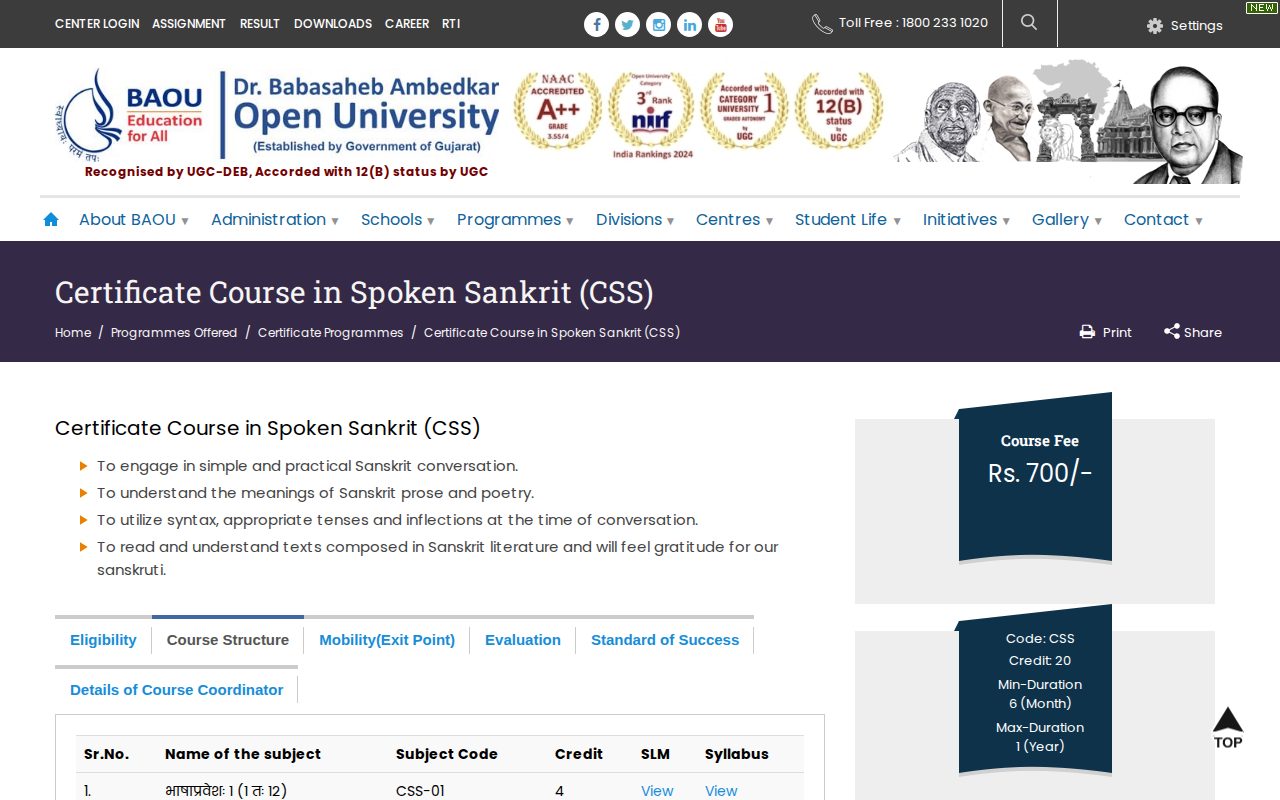 Official BAOU page on baou.edu.in: view Spoken Sanskrit course structure