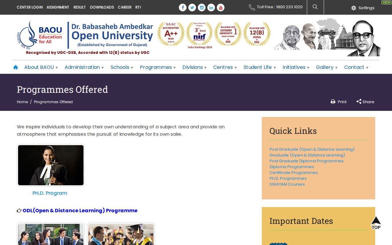 Official BAOU page on baou.edu.in: view BAOU Programmes Offered