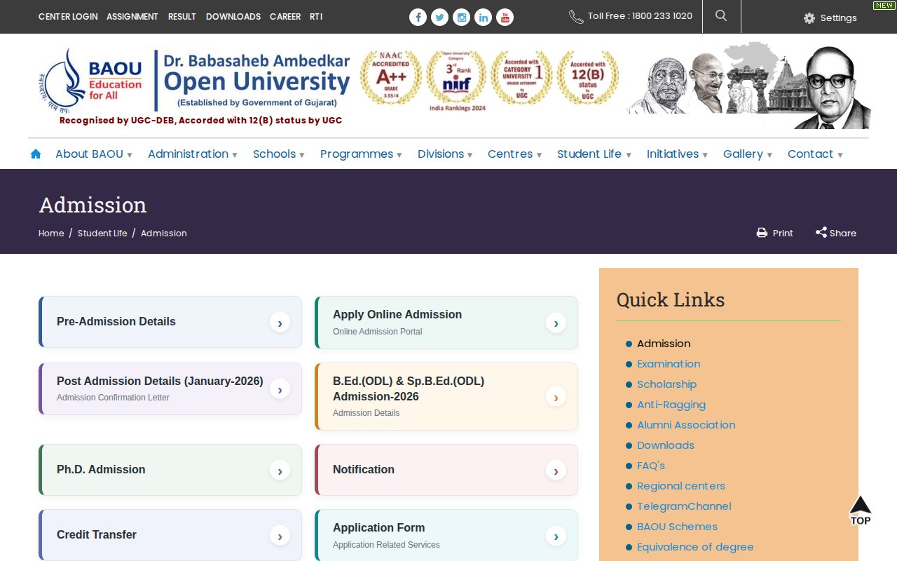 Official BAOU page on baou.edu.in: view general admission information