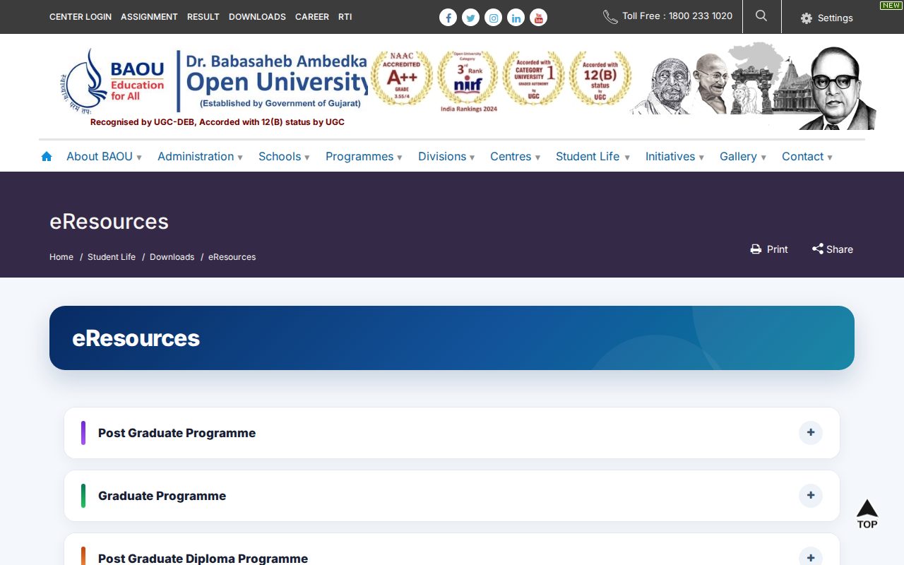Official BAOU page on baou.edu.in: open BAOU eResources study material portal