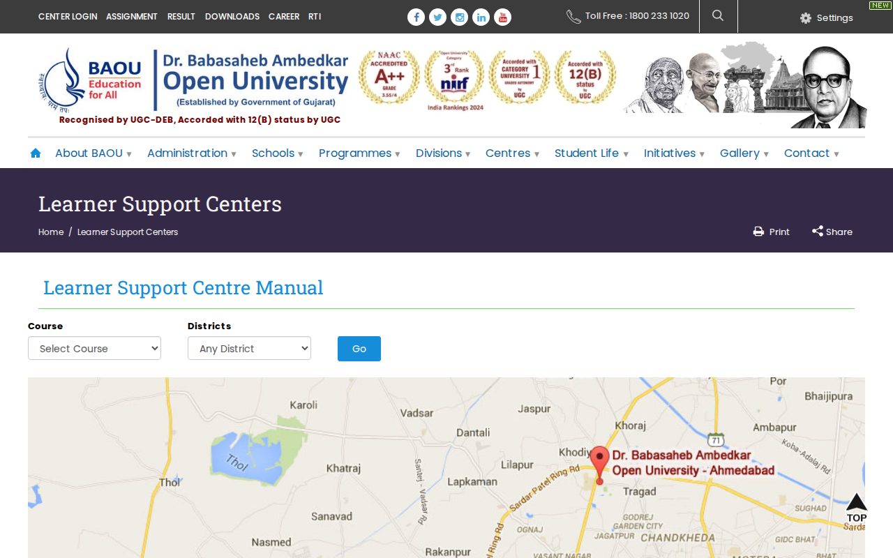 Official BAOU page on baou.edu.in: open BAOU Learner Support Centres search page