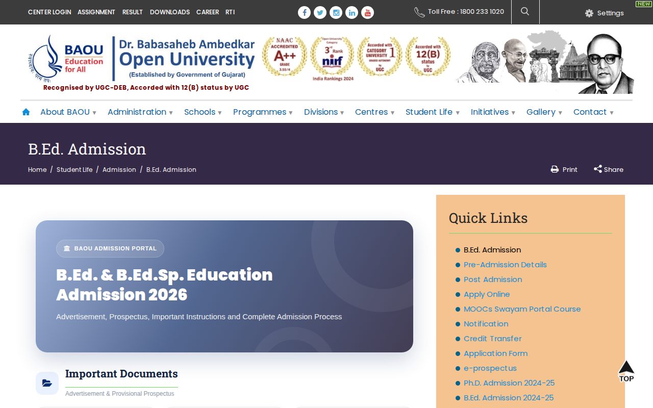 Official BAOU page on baou.edu.in: view B.Ed. Admission 2026 details