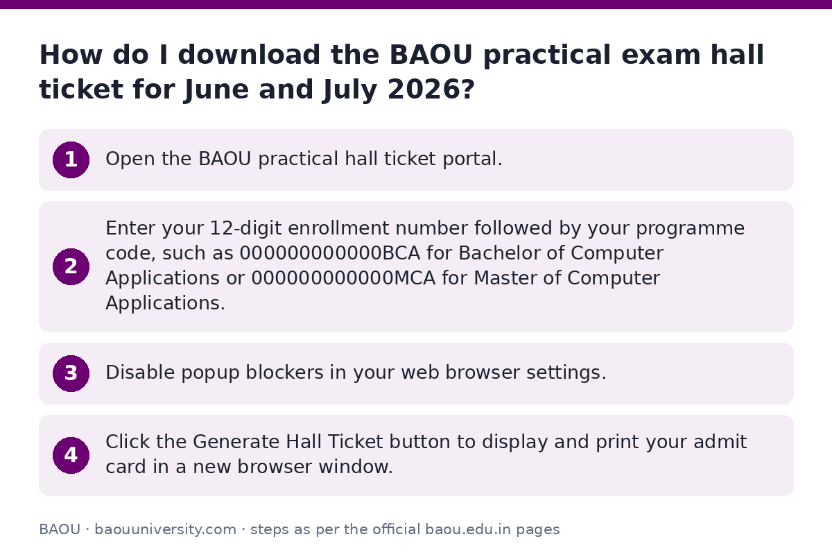 BAOU: How do I download the BAOU practical exam hall ticket for June and July 2026? — step-by-step